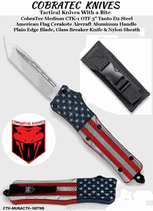 CobraTec Knives CTK-MUSACTK-1MTNS CobraTec Medium CTK-1 OTF--3" Tanto D2 Steel American Flag Cerakote Aircraft Aluminum Handle Plain Edge Blade, Glass Breaker Knife & Nylon Sheath