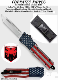 CobraTec Knives CTK-MUSACTK-1MTNS CobraTec Medium CTK-1 OTF--3" Tanto D2 Steel American Flag Cerakote Aircraft Aluminum Handle Plain Edge Blade, Glass Breaker Knife & Nylon Sheath
