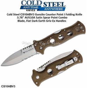 Cold Steel CS10ABV3 Gunsite Counter Point I Folding Knife 3.78" AUS10A Satin Spear Point Combo Blade, Flat Dark Earth Griv-Ex Handles Cold Steel CS10ABV3 Gunsite Counter Point I Folding Knife 3.78" AUS10A Satin Spear Point Combo Blade, Flat Dark Earth Griv-Ex Handles
