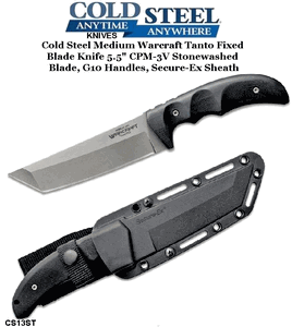  Cold Steel CS13ST Medium Warcraft Tanto Fixed Blade Knife 5.5" CPM-3V Stonewashed Blade, G10 Handles, Secure-Ex Sheath