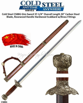Cold Steel 88G Gim Sword 37-1/4" Overall Length 30" Carbon Steel Blade, Rosewood Handle Hardwood Scabbard w/ Brass Fittings Cold Steel 88G Gim Sword 37-1/4" Overall Length 30" Carbon Steel Blade, Rosewood Handle Hardwood Scabbard w/ Brass Fittings