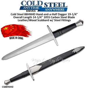 Cold Steel 88HNHD Hand-and-a-Half Dagger 19-1/4" Overall Length 14-1/4" 1055 Carbon Steel Blade Leather/Wood Scabbard w/ Steel Fittings