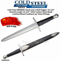 Cold Steel 88HNHD Hand-and-a-Half Dagger 19-1/4" Overall Length 14-1/4" 1055 Carbon Steel Blade Leather/Wood Scabbard w/ Steel Fittings