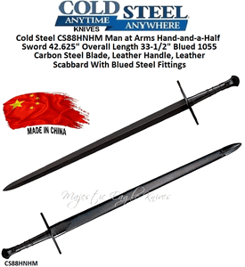 Cold Steel 88HNHM Man at Arms Hand-and-a-Half Sword 42.625" Overall Length 33.5" Blued 1055 Carbon Steel Blade, Leather Handle, Leather Scabbard With Blued Steel Fittings