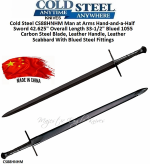 Cold Steel 88HNHM Man at Arms Hand-and-a-Half Sword 42.625" Overall Length 33.5" Blued 1055 Carbon Steel Blade, Leather Handle, Leather Scabbard With Blued Steel Fittings Cold Steel 88HNHM Man at Arms Hand-and-a-Half Sword 42.625" Overall Length 33.5" Blued 1055 Carbon Steel Blade, Leather Handle, Leather Scabbard With Blued Steel Fittings