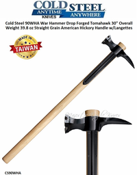 Cold Steel 90WHA War Hammer Drop Forged Tomahawk 30" Overall Weight 39.8 oz Straight Grain American Hickory Handle w/Langettes