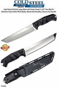  Cold Steel CS13UL Large Warcraft Tanto Fixed 12" Overall 7.5" San Mai III Stainless Steel Satin Plain Blade, Black G10 Handles, Secure-Ex Sheath
