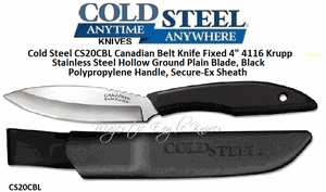 Cold Steel CS20CBL Canadian Belt Knife Fixed 4" 4116 Krupp Stainless Steel Hollow Ground Plain Blade, Black Polypropylene Handle, Cordura Sheath