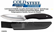 Cold Steel CS20CBL Canadian Belt Knife Fixed 4" 4116 Krupp Stainless Steel Hollow Ground Plain Blade, Black Polypropylene Handle, Cordura Sheath