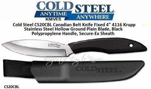 Cold Steel CS20CBL Canadian Belt Knife Fixed 4" 4116 Krupp Stainless Steel Hollow Ground Plain Blade, Black Polypropylene Handle, Cordura Sheath