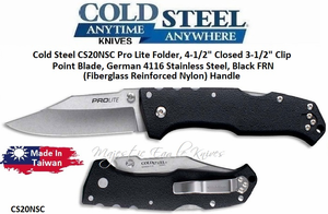 Cold Steel CS20NSC Pro Lite Folder, 4-1/2" Closed 3-1/2" Clip Point Blade, German 4116 Stainless Steel, Black FRN (Fiberglass Reinforced Nylon) Handle Cold Steel CS20NSC Pro Lite Folder, 4-1/2" Closed 3-1/2" Clip Point Blade, German 4116 Stainless Steel, Black FRN (Fiberglass Reinforced Nylon) Handle