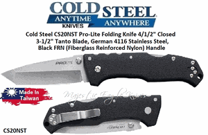 Cold Steel CS20NST Pro-Lite Folding Knife 4/1/2" Closed 3-1/2" Tanto Blade, German 4116 Stainless Steel, Black FRN (Fiberglass Reinforced Nylon) Handle