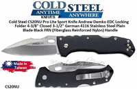 Cold Steel CS20NU Pro Lite Sport Knife Andrew Demko EDC Locking Folder 4-3/8" Closed 3-1/2" German 4116 Stainless Steel Plain Blade Black FRN (Fiberglass Reinforced Nylon) Handle