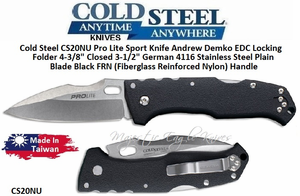 Cold Steel CS20NU Pro Lite Sport Knife Andrew Demko EDC Locking Folder 4-3/8" Closed 3-1/2" German 4116 Stainless Steel Plain Blade Black FRN (Fiberglass Reinforced Nylon) Handle