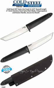 Cold Steel CS20T Tanto Lite Fixed 11-3/4" Overall Length 6" 4116 Stainless Steel Satin Plain Blade, Polypropylene and Kraton Handle, Secure-Ex Sheath
