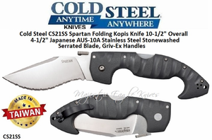 Cold Steel CS21SS Spartan Folding Kopis Knife 10-1/2" Overall 4-1/2" Japanese AUS-10A Stainless Steel Stonewashed Serrated Blade, Griv-Ex Handles Cold Steel CS21SS Spartan Folding Kopis Knife 10-1/2" Overall 4-1/2" Japanese AUS-10A Stainless Steel Stonewashed Serrated Blade, Griv-Ex Handles
