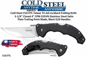 Cold Steel CS21TTL Talwar Tri-Ad Lockback Folding Knife 5-1/4" Closed 4" CPM-S35VN Stainless Steel Satin Plain Trailing Point Blade, Black G10 Handles