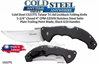 Cold Steel CS21TTL Talwar Tri-Ad Lockback Folding Knife 5-1/4" Closed 4" CPM-S35VN Stainless Steel Satin Plain Trailing Point Blade, Black G10 Handles