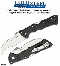  Cold Steel CS22B Black Talon II Folding Knife 4" S35VN Plain Blade, Black G10 Handles