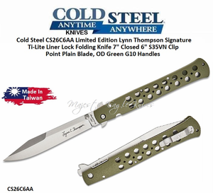 Cold Steel CS26C6AA Limited Edition Lynn Thompson Signature Ti-Lite Liner Lock Folding Knife 7" Closed 6" S35VN Clip Point Plain Blade, OD Green G10 Handles