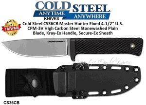 Cold Steel CS36CB Master Hunter Fixed 9-1/4" Overall 4-1/2" U.S. CPM-3V High Carbon Steel Stonewashed Plain Blade, Kray-Ex Handle, Secure-Ex Sheath