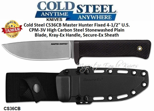 Cold Steel CS36CB Master Hunter Fixed 9-1/4" Overall 4-1/2" U.S. CPM-3V High Carbon Steel Stonewashed Plain Blade, Kray-Ex Handle, Secure-Ex Sheath Cold Steel CS36CB Master Hunter Fixed 9-1/4" Overall 4-1/2" U.S. CPM-3V High Carbon Steel Stonewashed Plain Blade, Kray-Ex Handle, Secure-Ex Sheath