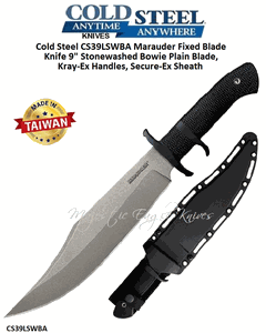 Cold Steel CS39LSWBA Marauder Fixed Blade Knife 9" Japanese Aus 8A Stainless Stonewashed Bowie Plain Blade, Kray-Ex Handles, Secure-Ex Sheath
