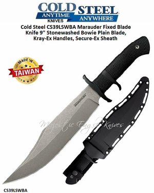 Cold Steel CS39LSWBA Marauder Fixed Blade Knife 9" Japanese Aus 8A Stainless Stonewashed Bowie Plain Blade, Kray-Ex Handles, Secure-Ex Sheath Cold Steel CS39LSWBA Marauder Fixed Blade Knife 9" Japanese Aus 8A Stainless Stonewashed Bowie Plain Blade, Kray-Ex Handles, Secure-Ex Sheath