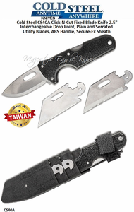 Cold Steel CS40A Click-N-Cut Fixed Blade Knife 2.5" Interchangeable Drop Point, Plain and Serrated Utility Blades, Black ABS Handle, Secure-Ex Sheath