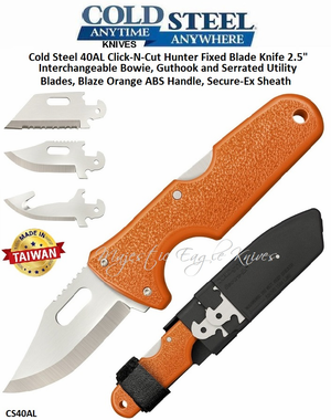 Cold Steel CS40AL Click-N-Cut Hunter Fixed Blade Knife 2.5" Interchangeable Bowie, Guthook and Serrated Utility Blades, Blaze Orange ABS Handle, Secure-Ex Sheath Cold Steel CS40AL Click-N-Cut Hunter Fixed Blade Knife 2.5" Interchangeable Bowie, Guthook and Serrated Utility Blades, Blaze Orange ABS Handle, Secure-Ex Sheath