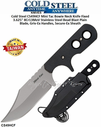 Cold Steel CS49HCF Mini Tac Bowie Neck Knife Fixed 3.625" 8Cr13MoV Stainless Steel Bead Blast Plain Blade, Griv-Ex Handles, Secure-Ex Sheath