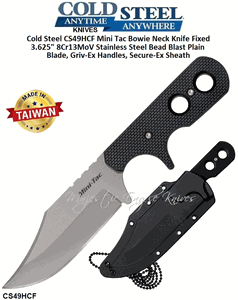 Cold Steel CS49HCF Mini Tac Bowie Neck Knife Fixed 3.625" 8Cr13MoV Stainless Steel Bead Blast Plain Blade, Griv-Ex Handles, Secure-Ex Sheath