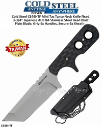 Cold Steel CS49HTF Mini Tac Tanto Neck Knife Fixed 3-3/4" Japanese AUS 8A Stainless Steel Bead Blast Plain Blade, Griv-Ex Handles, Secure-Ex Sheath