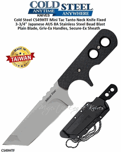 Cold Steel CS49HTF Mini Tac Tanto Neck Knife Fixed 3-3/4" Japanese AUS 8A Stainless Steel Bead Blast Plain Blade, Griv-Ex Handles, Secure-Ex Sheath