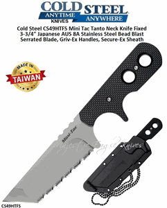 Cold Steel CS49HTFS Mini Tac Tanto Neck Knife Fixed 3-3/4" Japanese AUS 8A Stainless Steel Bead Blast Serrated Blade, Griv-Ex Handles, Secure-Ex Sheath