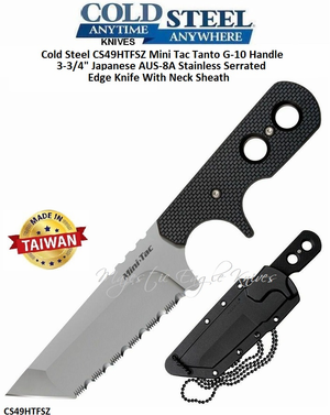 Cold Steel CS49HTFSZ Mini Tac Tanto G-10 Handle 3-3/4" Japanese AUS-8A Stainless Serrated Edge Knife With Neck Sheath 