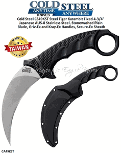 Cold Steel CS49KST Steel Tiger Karambit Fixed 4-3/4" Japanese AUS-8 Stainless Steel, Stonewashed Plain Blade, Griv-Ex and Kray-Ex Handles, Secure-Ex Sheath