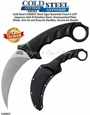 Cold Steel CS49KST Steel Tiger Karambit Fixed 4-3/4" Japanese AUS-8 Stainless Steel, Stonewashed Plain Blade, Griv-Ex and Kray-Ex Handles, Secure-Ex Sheath Cold Steel CS49KST Steel Tiger Karambit Fixed 4-3/4" Japanese AUS-8 Stainless Steel, Stonewashed Plain Blade, Griv-Ex and Kray-Ex Handles, Secure-Ex Sheath