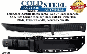 Cold Steel CS49LRT Recon Tanto Fixed 7" Black Japanese SK-5 High Carbon Steel w/ Black Tuff-Ex Finish Plain Blade, Kray-Ex Handle, Secure-Ex Sheath