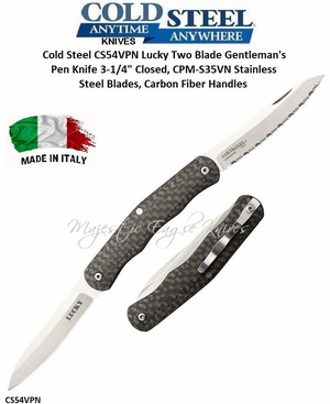 Cold Steel CS54VPN Lucky Two Blade Gentleman's Pen Knife 3-1/4" Closed, CPM-S35VN Stainless Steel Blades, Carbon Fiber Handles Cold Steel CS54VPN Lucky Two Blade Gentleman's Pen Knife 3-1/4" Closed, CPM-S35VN Stainless Steel Blades, Carbon Fiber Handles