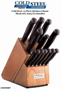 Cold Steel CS59KSSET 13 Piece Kitchen Classic German 4116 Stainless, Cryo Quenched Blades Kray-Ex Handled Kitchen Knife Set Oak Wooden Block Cold Steel CS59KSSET 13 Piece Kitchen Classic German 4116 Stainless, Cryo Quenched Blades Kray-Ex Handled Kitchen Knife Set Oak Wooden Block