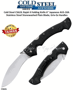 Cold Steel CS62JL Rajah II Folding Knife 6" Japanese AUS-10A Stainless Steel Stonewashed Plain Blade, Griv-Ex Handles