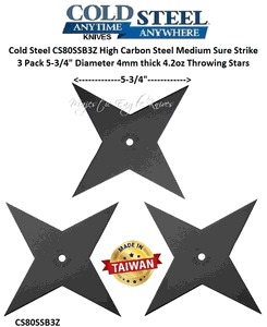 Cold Steel CS80SSB3Z High Carbon Steel Medium Sure Strike 3 Pack 5-3/4" Diameter 4mm thick 4.2oz Throwing Stars 