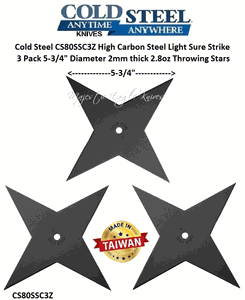 Cold Steel CS80SSC3Z High Carbon Steel Light Sure Strike 3 Pack 5-3/4" Diameter 2mm thick 2.8oz Throwing Stars