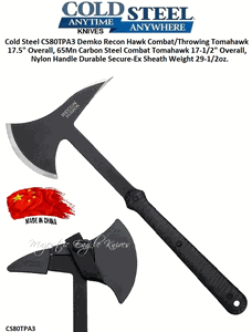 Cold Steel CS80TPA3 24oz Demko Recon Hawk Combat/Throwing Tomahawk 17-1/2" Overall, 65Mn Carbon Steel, Secure-Ex Sheath