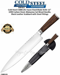 Cold Steel CS88CLR1 Facon Fixed Blade Knife 12" 1090 Carbon Steel, Malaysian Sal Wood Handle, Black Leather Scabbard with Steel Fittings