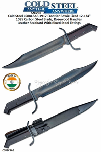 Cold Steel CS88CSAB 1917 Frontier Bowie Fixed 12-1/4" 1085 Carbon Steel Blade, Rosewood Handles Leather Scabbard With Blued Steel Fittings Black Lacquered Wood Scabbard