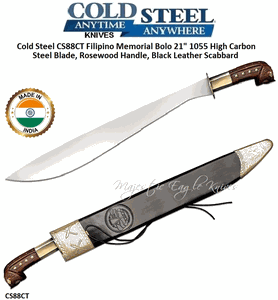 Cold Steel CS88CT Filipino Memorial Bolo Sword 21" 1055 High Carbon Steel Blade, Rosewood Handle, Black Leather Scabbard