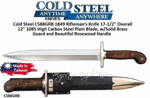 Cold Steel CS88GRB 1849 Rifleman's Knife 17-1/2" Overall 12" 1085 High Carbon Steel Plain Blade, w/Solid Brass Guard and Beautiful Rosewood Handle