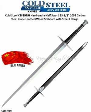 Cold Steel CS88HNH Hand-and-a-Half Sword 42.625" Overall Length 33-1/2" 1055 Carbon Steel Blade Leather/Wood Scabbard with Steel Fittings 